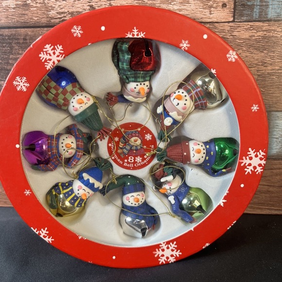 The Unbranded Brand Other - New- 8 Resin Cute Snowman Jingle Bell Christmas Ornaments in Festive Storage Box